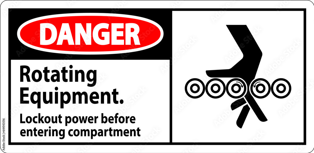 Wall mural danger sign, rotating equipment, lockout power before entering compartment