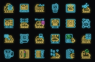 Car diagnostic scanner icons set outline vector. Computer digital. Data check neon color on black