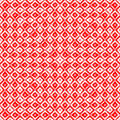 Repeated red figures on white background. Ethnic wallpaper. Seamless surface pattern design with rhombuses ornament. Diamonds motif. Digital paper for textile print, web designing. Vector