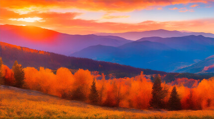 A vibrant autumn landscape, with a bright orange sun setting behind a distant mountain range. Generative AI