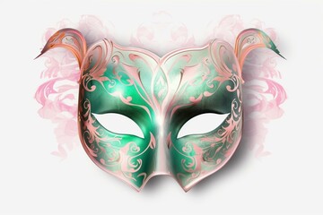Isolated pastel carnival mask with transparent background in pink and green colors. Generative AI