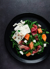salad, melon with prosciutto, arugula, and cheese, summer salad, vegetarian, homemade, no people,