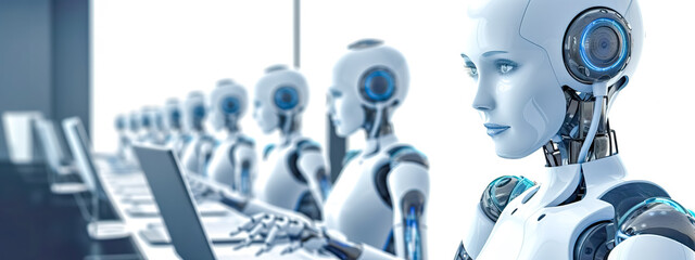 technical support with online robot and artificial intelligence assistance, call and chat service, banner