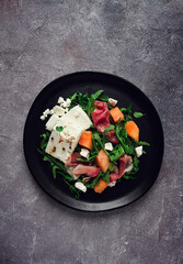 salad, melon with prosciutto, arugula, and cheese, summer salad, vegetarian, homemade, no people,