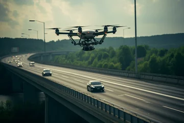 Fototapeten Highway monitored by drones featuring advanced technology and enhanced surveillance. Generative AI © Rhiannon