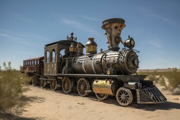 Fototapeta na wymiar Vintage desert locomotive full of steam-powered mechanisms and gears. Generative AI