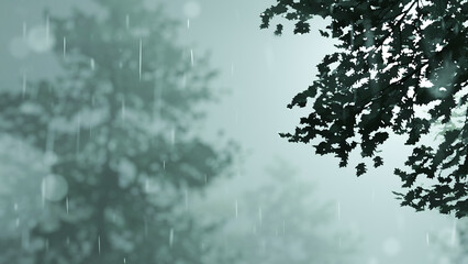 Digital painting of rain falling in the forest. anime style. For use as a background