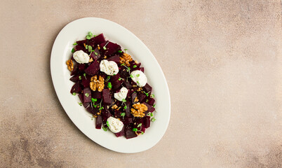 beetroot salad with nuts, cream cheese and micro greenery, homemade, no people,