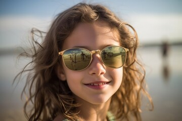 portrait of a young girl wearing sunglasses on beach