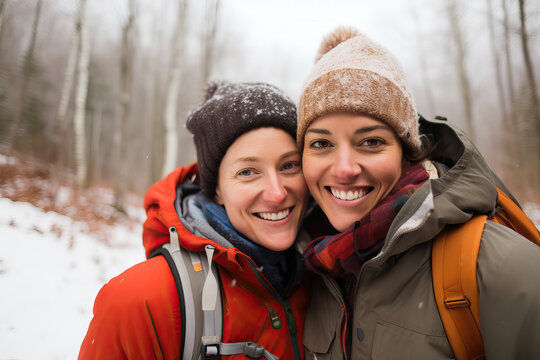 two women hiking outdoors in the snow, ai generated