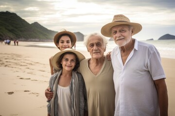 senior family, portrait and beach to relax while on vacation with a kid in brazil