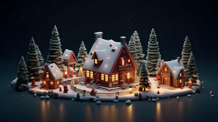 3d rendering of small village with house in the woods, isometric exterior, open view. Cozy Christmas atmosphere. Holiday decoration. New Year's design. Dark background. 