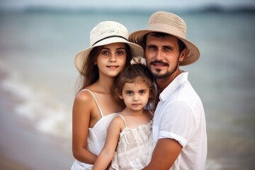 Fototapeta na wymiar happy family, beach and portrait with little girl at the seaside during summer holiday break