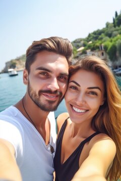 a loving couple taking photos of themselves while on vacation