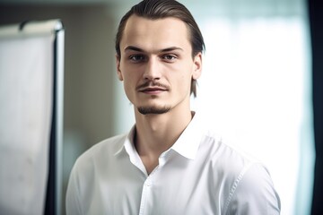 shot of a young man standing confidently in front of a flipchart