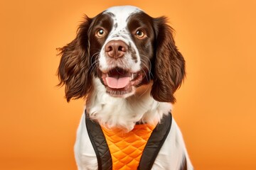 Lifestyle portrait photography of a smiling english springer spaniel wearing a denim vest against a pastel orange background. With generative AI technology