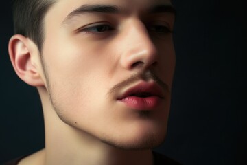 closeup shot of a young man applying lipstick to his lips