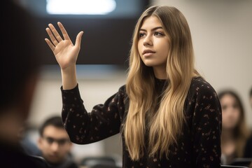 one young woman standing and raising her hand in class as she asks a question