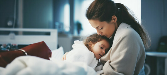 Mother consoles her sick daughter at the hospital recovering daughter and hugs her mother with love in the hospital - obrazy, fototapety, plakaty