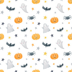 Halloween watercolor hand-painted seamless pattern with ghost, stars, pumpkin, bat. Fall holidays digital paper. 