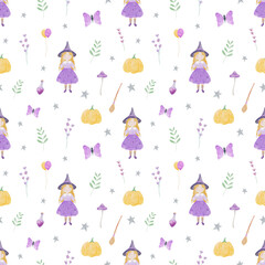 Halloween watercolor hand-painted seamless pattern with stars, pumpkin, witch. Magical background.  Fall holidays digital paper. 