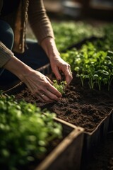 Fototapeta premium shot of a woman planting seedlings in the soil on her urban farm