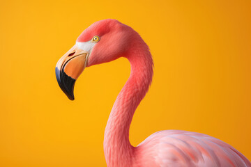 Fototapeta premium Pink flamingo on yellow background, side view
