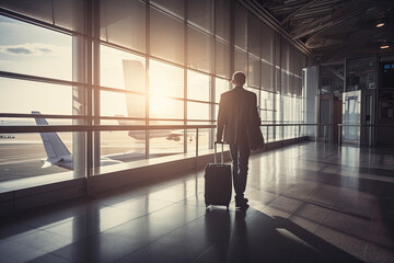 Fototapeta na wymiar Businessman with suitcase at airport terminal. Travel and tourism concept.