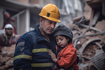 Portrait of a father and his son in a construction site.