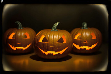 Three Carved Pumpkins Sitting On Top Of A Table