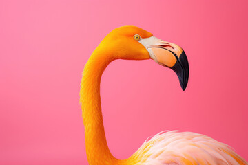Yellow flamingo on pink background, side view