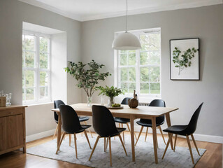 A Dining Room Table With Black Chairs And A Potted Plant
