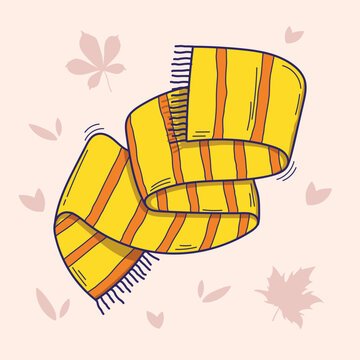 recommend clip art: Warm winter scarf. Vector illustration of yellow striped knitted scarf in doodle style isolated on light background with autumn leaves