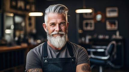 Senior barber with grey hair standing in his barbershop. Generative AI