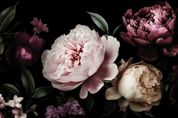 Floral peony wallpaper in pinks, blush, and mauve on black backdrop. Generative AI