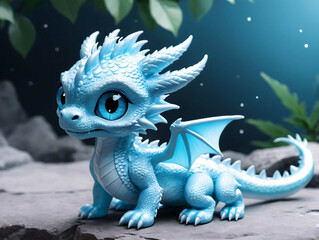 A Blue Dragon Figurine Sitting On A Rock