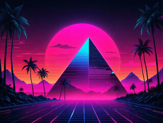 Fototapeta premium A Pyramid Surrounded By Palm Trees In Front Of A Sunset