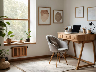 A Desk With A Laptop On Top Of It Next To A Window
