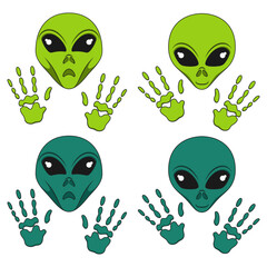 Set of color illustration with alien face and hands. Isolated vector object on white background.