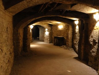 A Dimly Lit Tunnel In A Stone Building
