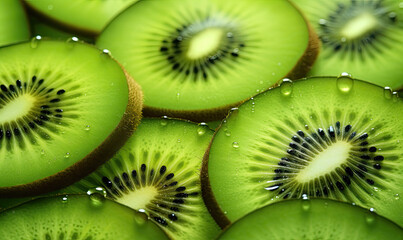 Close-up of juicy kiwi slices adorned with water droplets. Created by AI