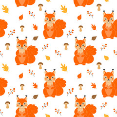 Seamless pattern with cute squirrels, mushrooms, leaves and twigs with berries in cartoon style.