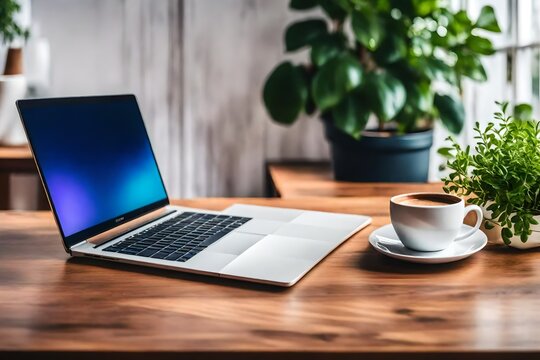  Wooden table with laptop blue  screen and a cup of coffee, complemented by a vibrant potted plant blurred background concept about business