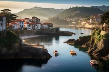 Coastal village in Lastres, Asturias, Spain, with tranquil sunrise scene. Generative AI - obrazy, fototapety, plakaty