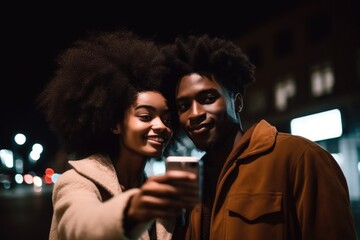 shot of a couple using their cellphone to take selfies while taking a walk at night