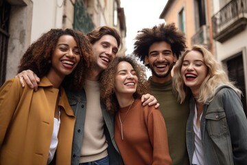 Obraz premium shot of a group of happy friends standing together in the city