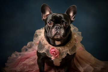 Photography in the style of pensive portraiture of a happy french bulldog wearing a frilly dress...