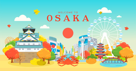 Naklejka premium Welcome to Osaka Japan vector illustration. Beautiful Osaka landmark in Autumn