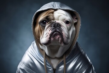 Lifestyle portrait photography of a funny bulldog wearing a therapeutic coat against a metallic...