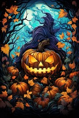 Halloween Jack. lantern pattern dark multicolored detailed shading watercolors, ornate